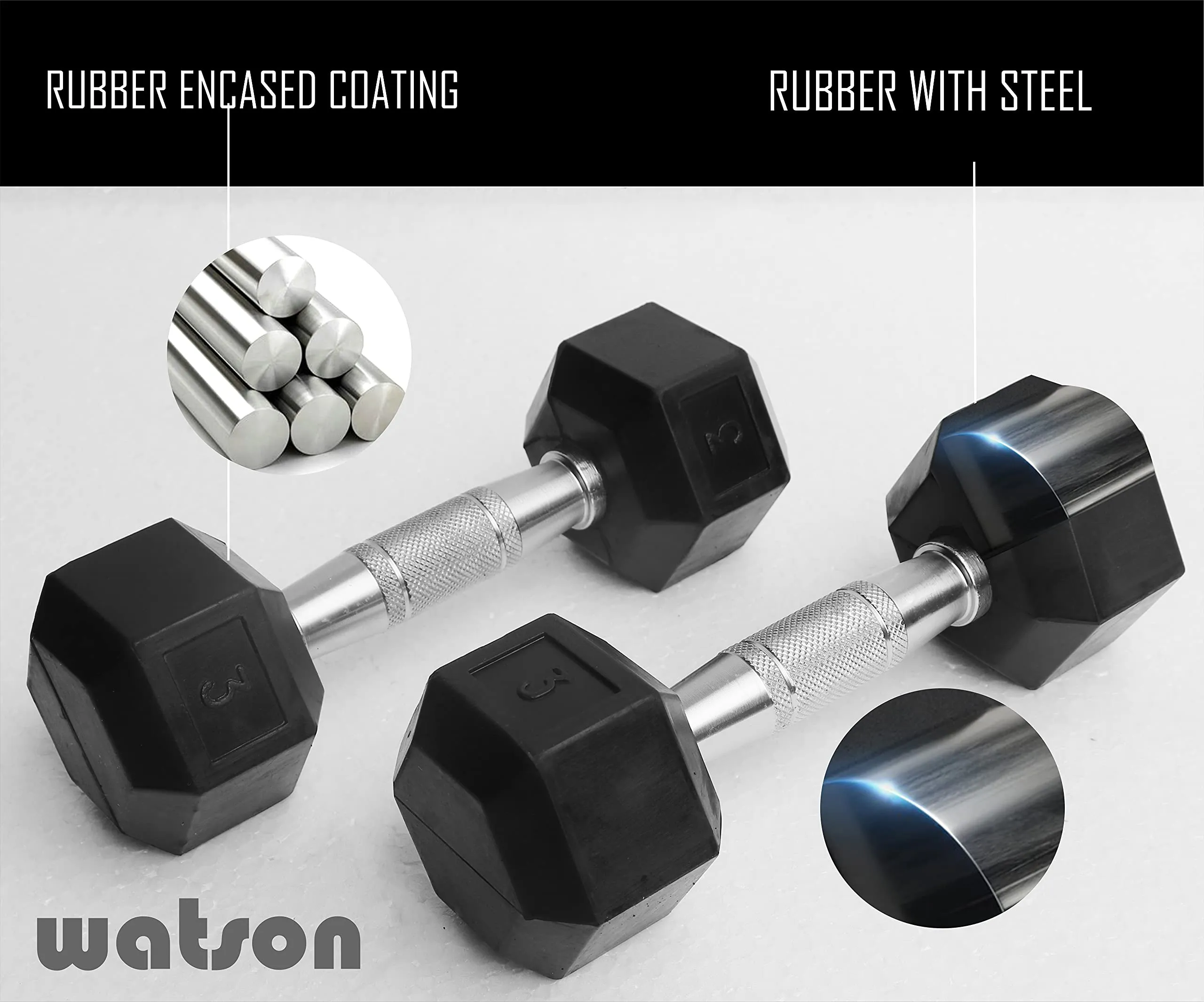 WATSON Rubber Coated Hex Dumbbell Weight Set for Men & Women (3)