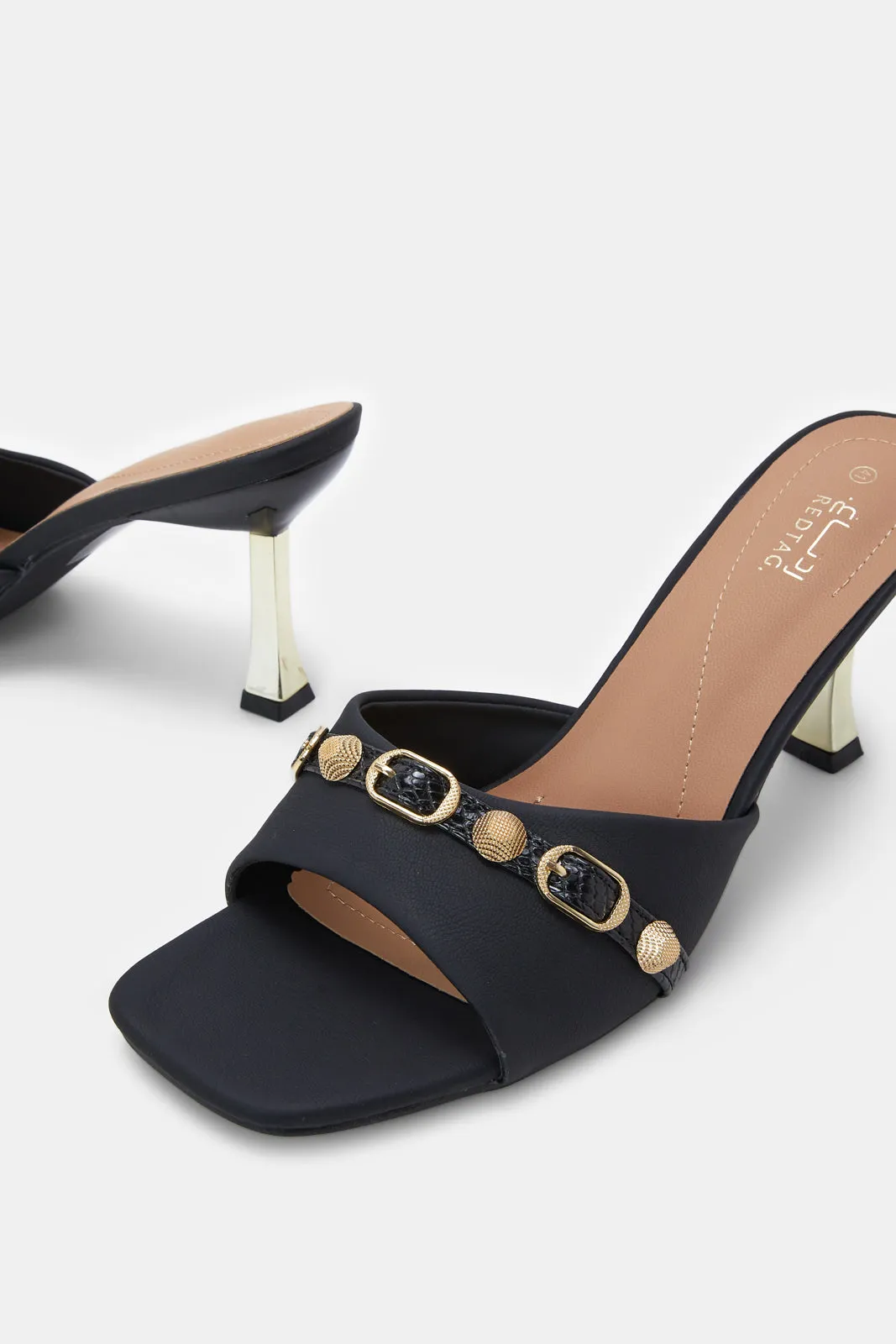 Women Black Mule With Gold Heel