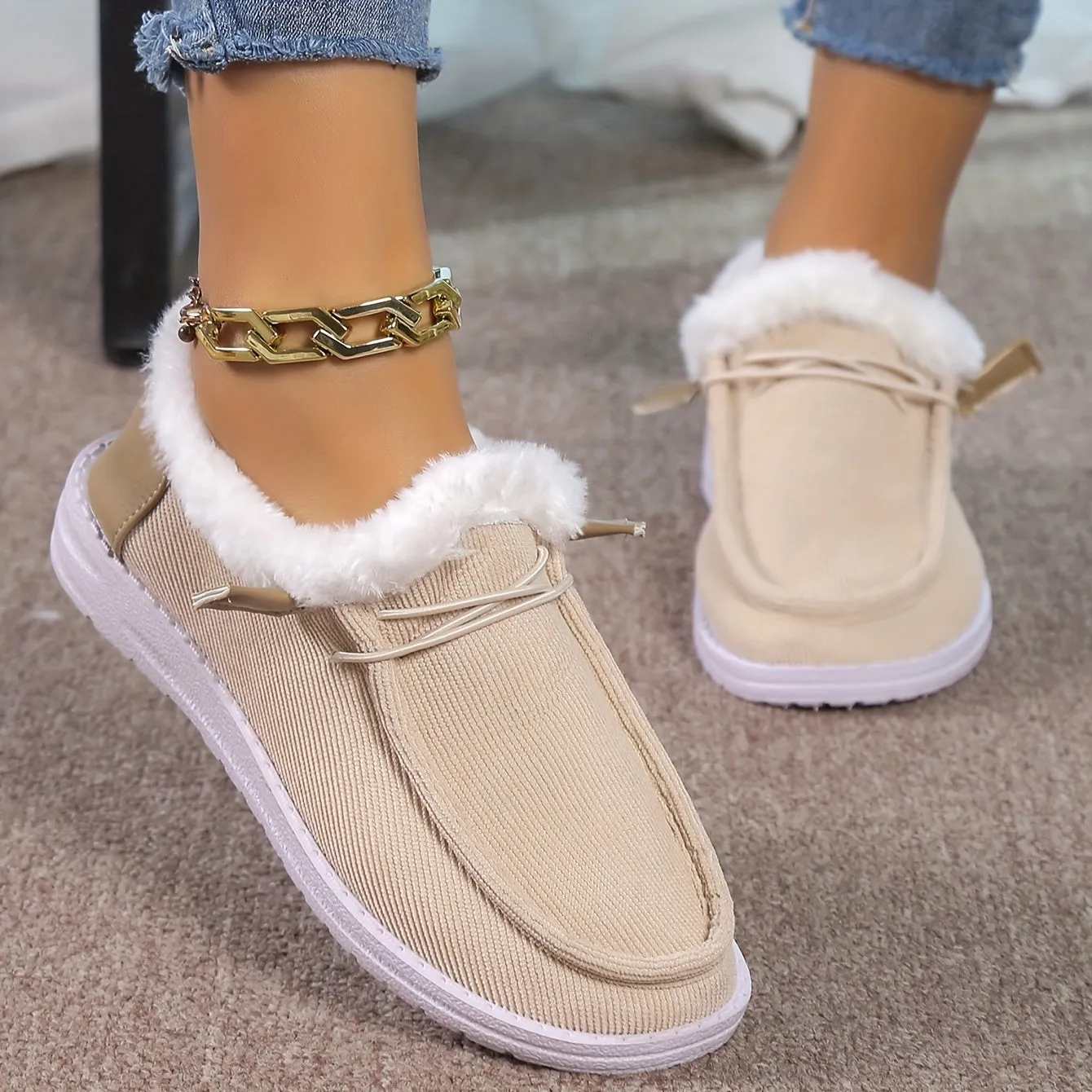 Women's Splicing Fluffy Loafers, Winter Warm Round Toe Slip On Flat Shoes, Cozy Low Top Snow Boots