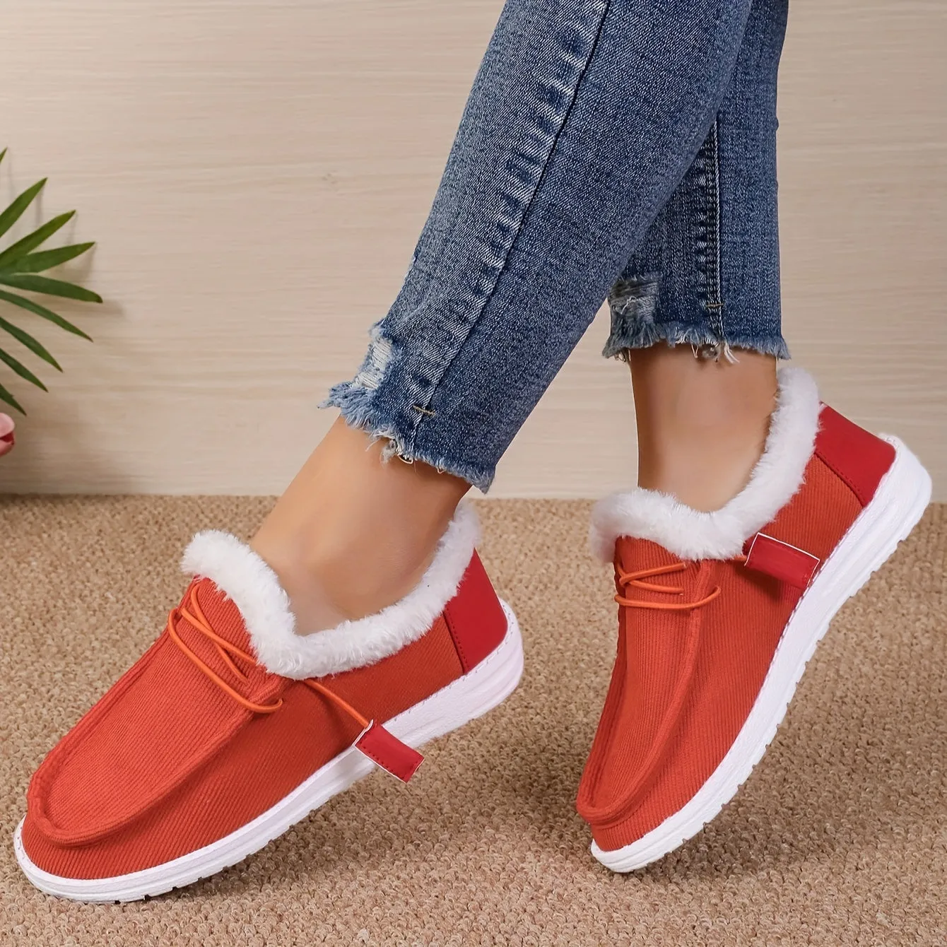 Women's Splicing Fluffy Loafers, Winter Warm Round Toe Slip On Flat Shoes, Cozy Low Top Snow Boots